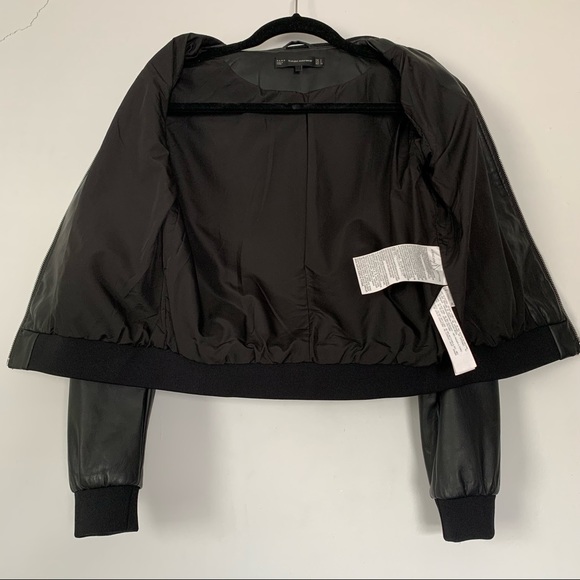 ZARA Black Faux Leather Full Zip Bomber Jacket - Picture 9 of 16